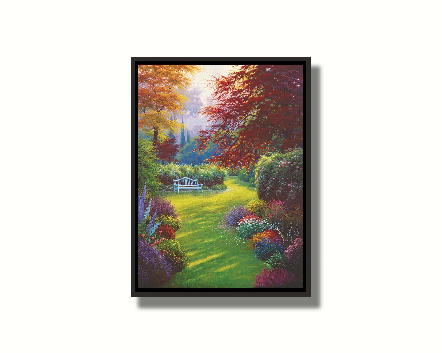 A painting of a garden of flowers in all colors. Central is a verdant path leading to a bench, surrounded by little birds searching for food. Printed on canvas in a float frame.