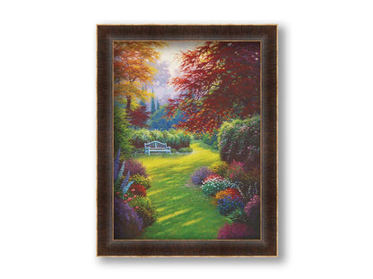 A painting of a garden of flowers in all colors. Central is a verdant path leading to a bench, surrounded by little birds searching for food. Printed on canvas and framed.