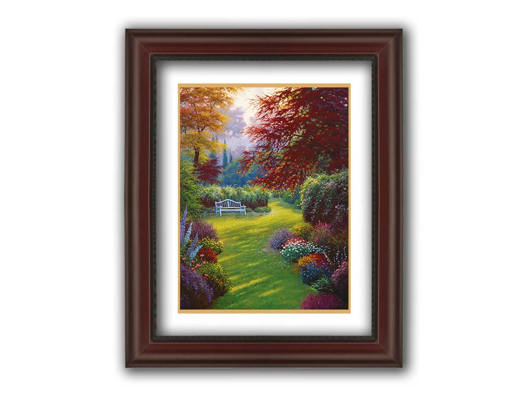 A painting of a garden of flowers in all colors. Central is a verdant path leading to a bench, surrounded by little birds searching for food. Printed on paper, matted, and framed.