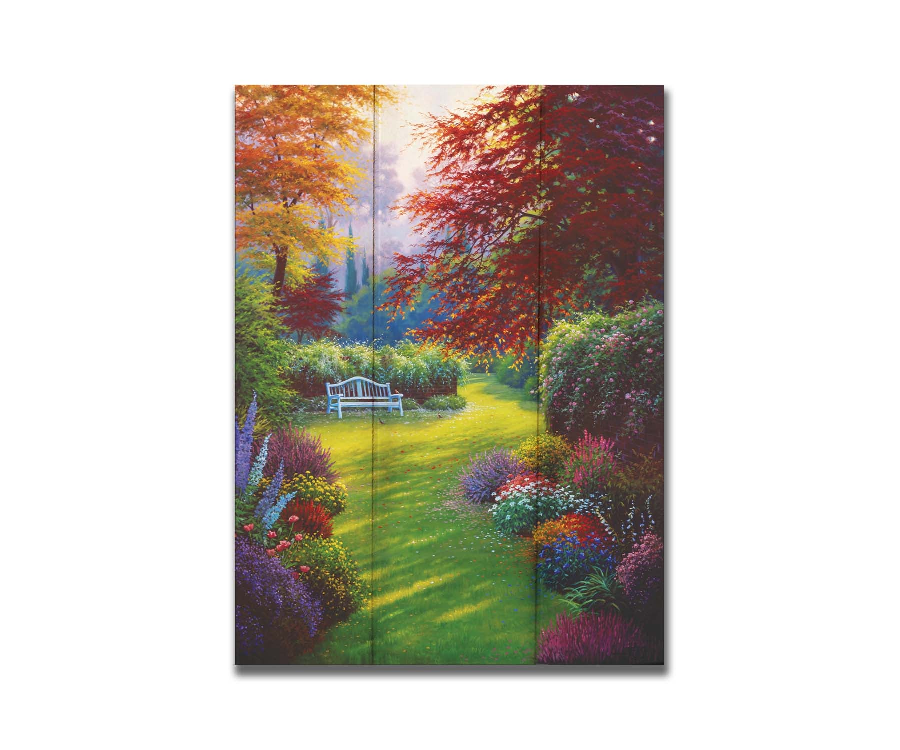 A painting of a garden of flowers in all colors. Central is a verdant path leading to a bench, surrounded by little birds searching for food. Printed on a box board.