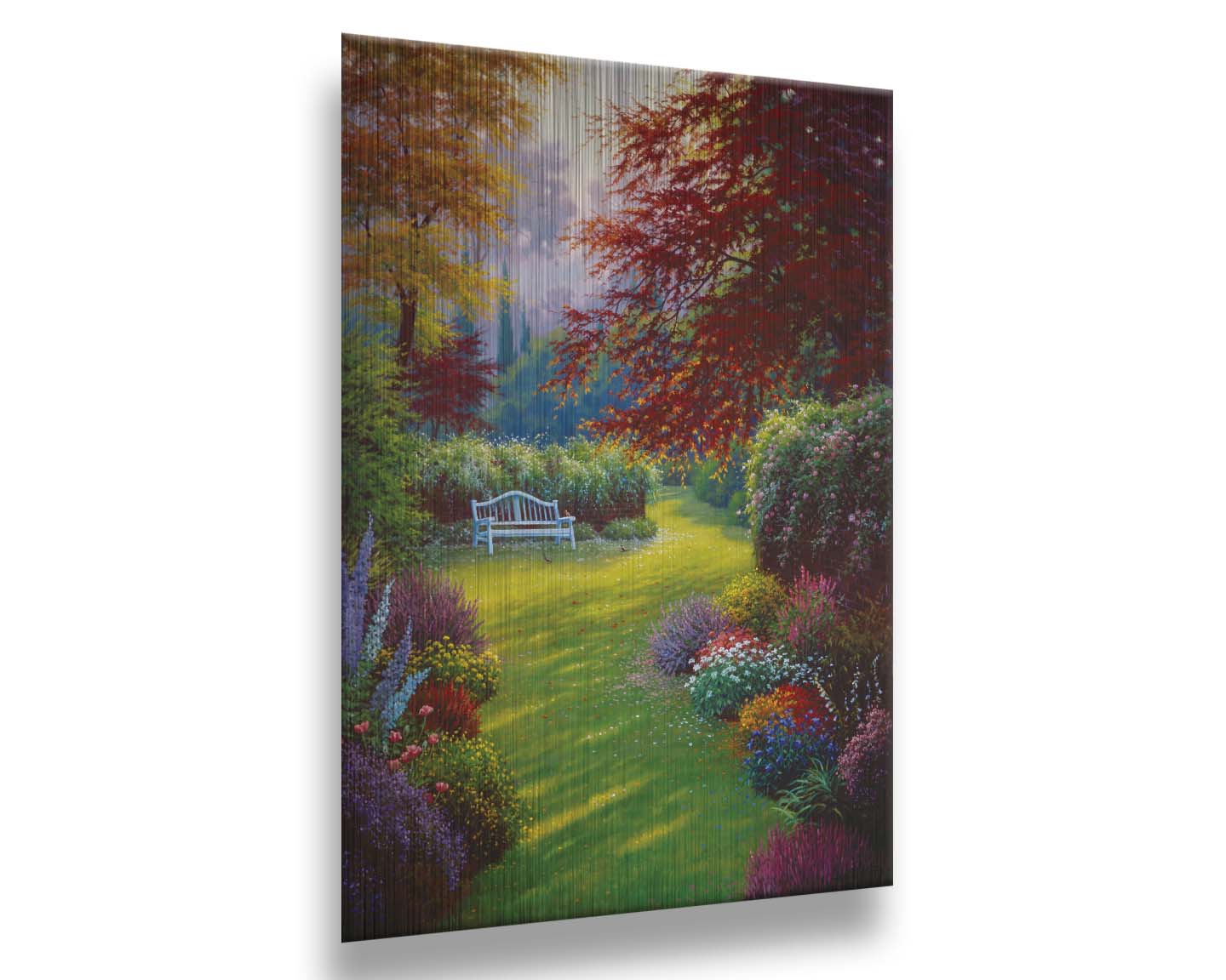 A painting of a garden of flowers in all colors. Central is a verdant path leading to a bench, surrounded by little birds searching for food. Printed on metal.