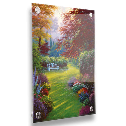 A painting of a garden of flowers in all colors. Central is a verdant path leading to a bench, surrounded by little birds searching for food. Printed on acrylic.