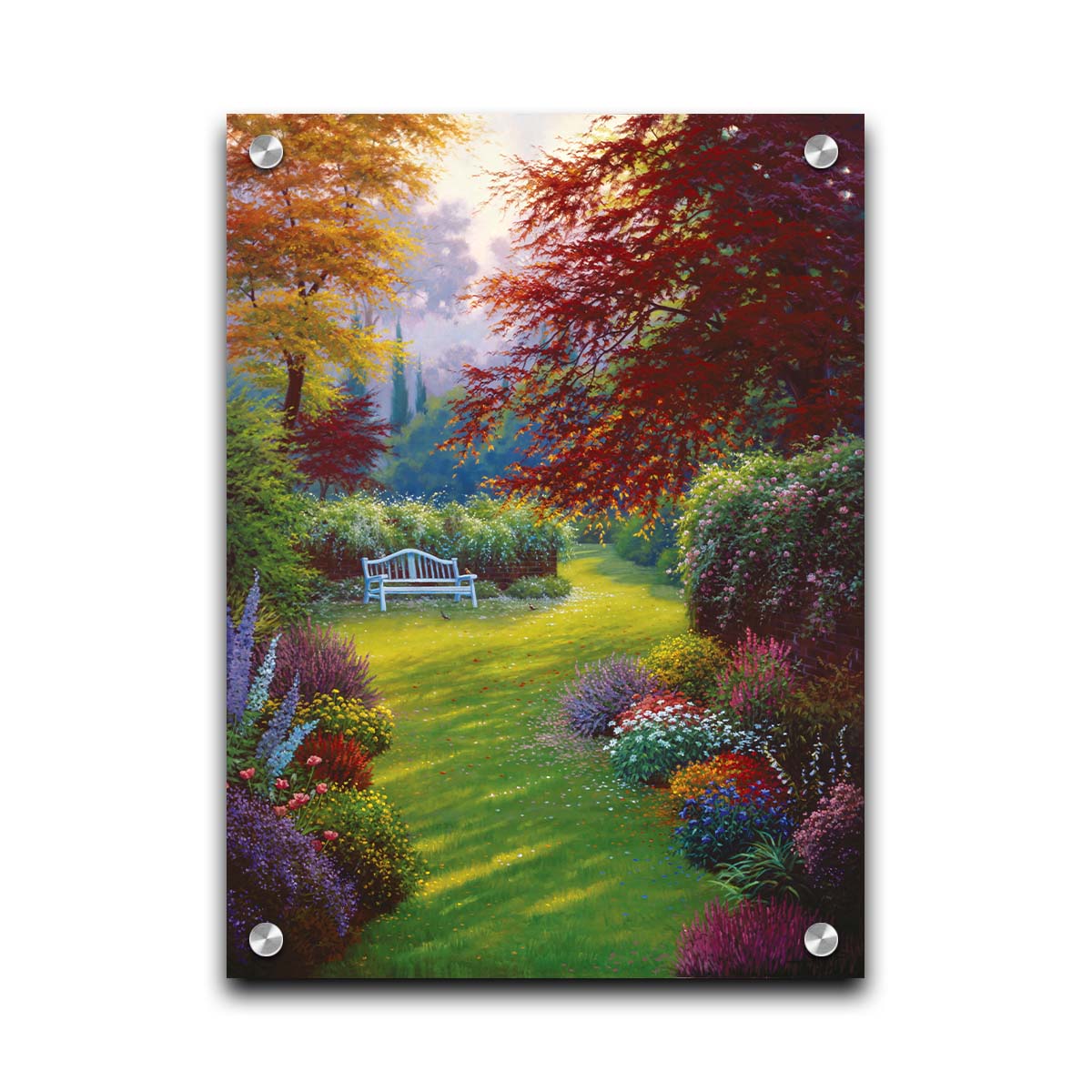 A painting of a garden of flowers in all colors. Central is a verdant path leading to a bench, surrounded by little birds searching for food. Printed on acrylic.