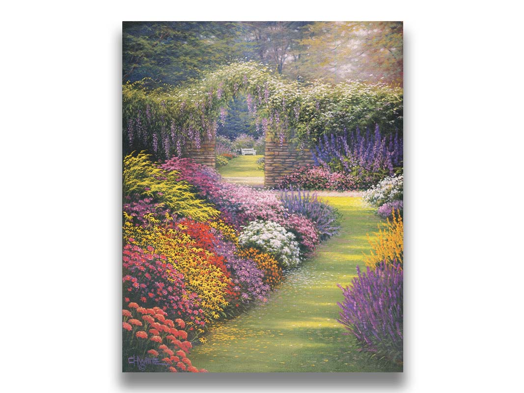 A painting of a garden path surrounded by flower bushes. The amalgam of colors leads to an archway in a stone wall, revealing a second garden area. Printed on canvas.