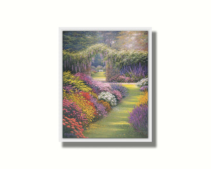 A painting of a garden path surrounded by flower bushes. The amalgam of colors leads to an archway in a stone wall, revealing a second garden area. Printed on canvas in a float frame.