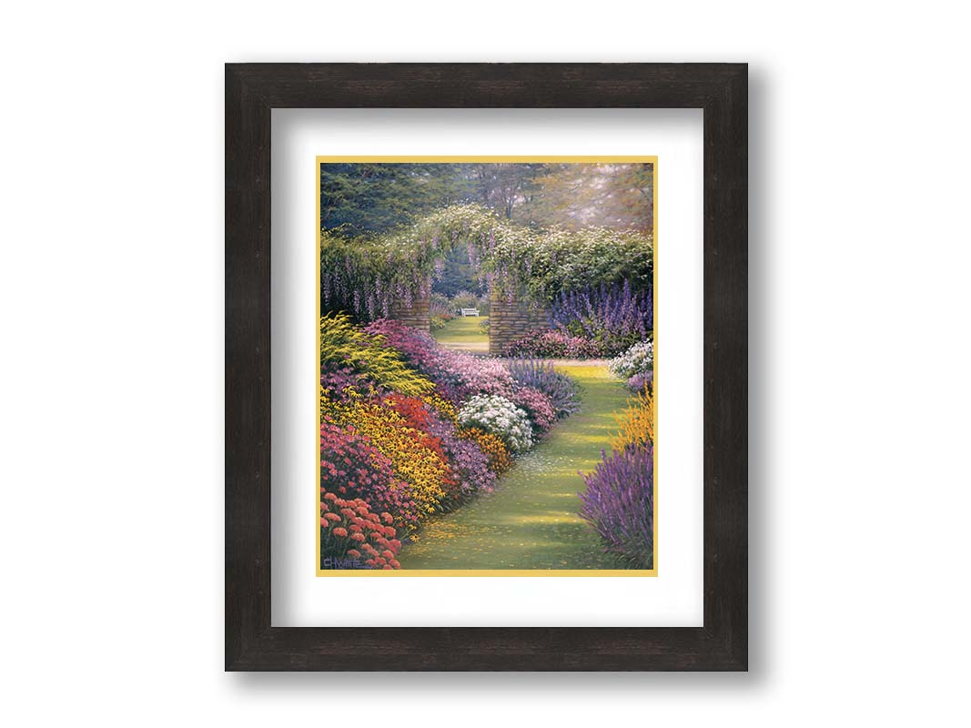 A painting of a garden path surrounded by flower bushes. The amalgam of colors leads to an archway in a stone wall, revealing a second garden area. Printed on paper, matted, and framed.