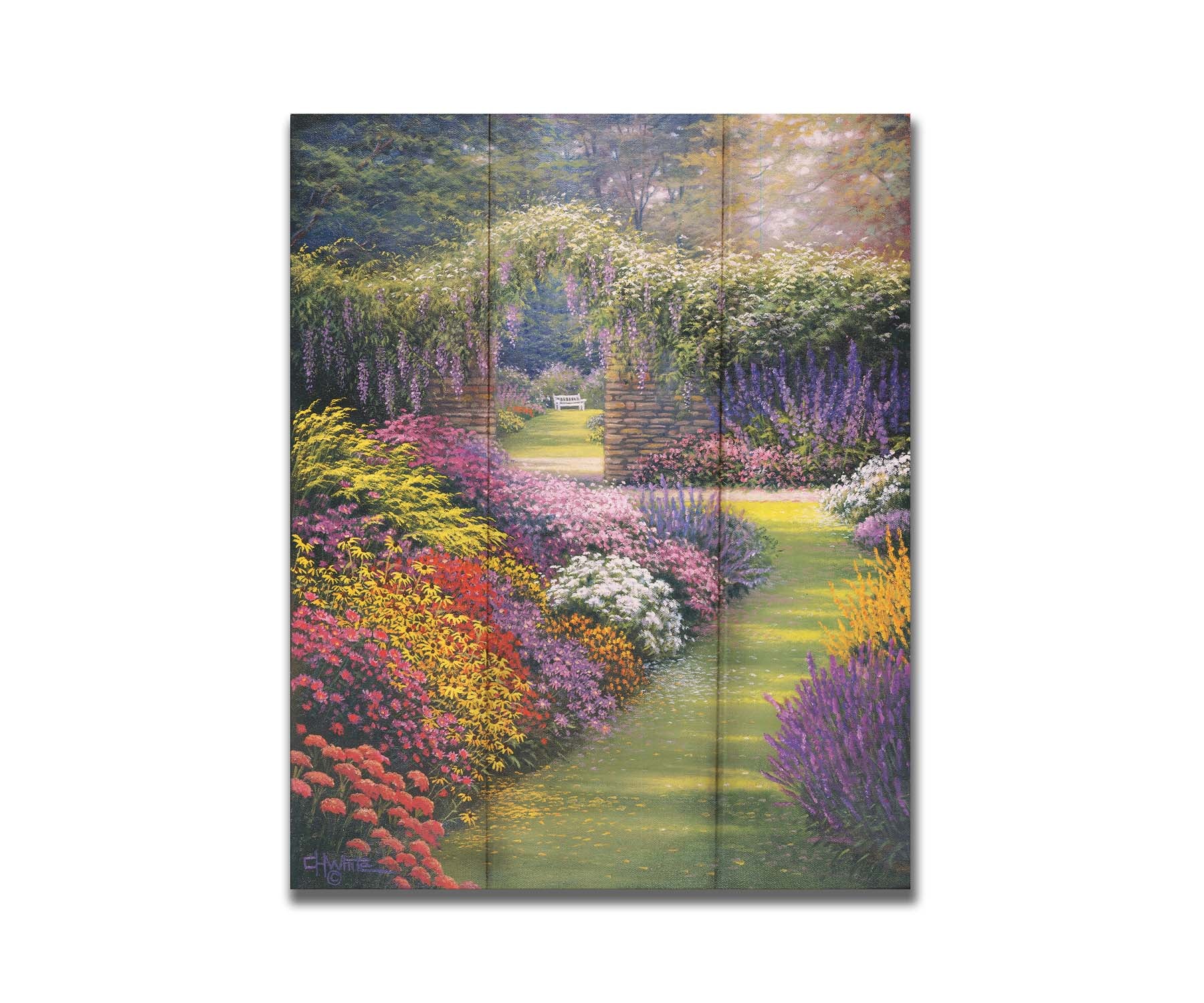 A painting of a garden path surrounded by flower bushes. The amalgam of colors leads to an archway in a stone wall, revealing a second garden area. Printed on a box board.