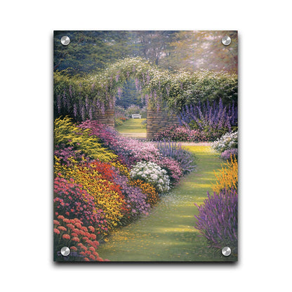 A painting of a garden path surrounded by flower bushes. The amalgam of colors leads to an archway in a stone wall, revealing a second garden area. Printed on acrylic.