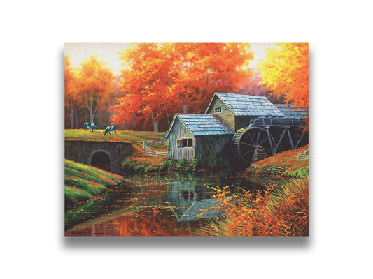 A painting of a fall landscape centered around an old watermill, built beside a forest and field of cows. Printed on canvas.