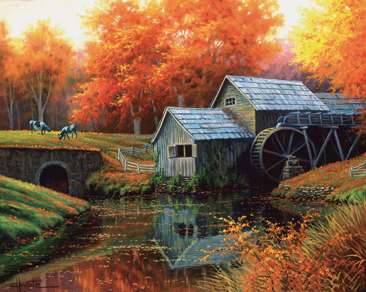 A painting of a fall landscape centered around an old watermill, built beside a forest and field of cows.