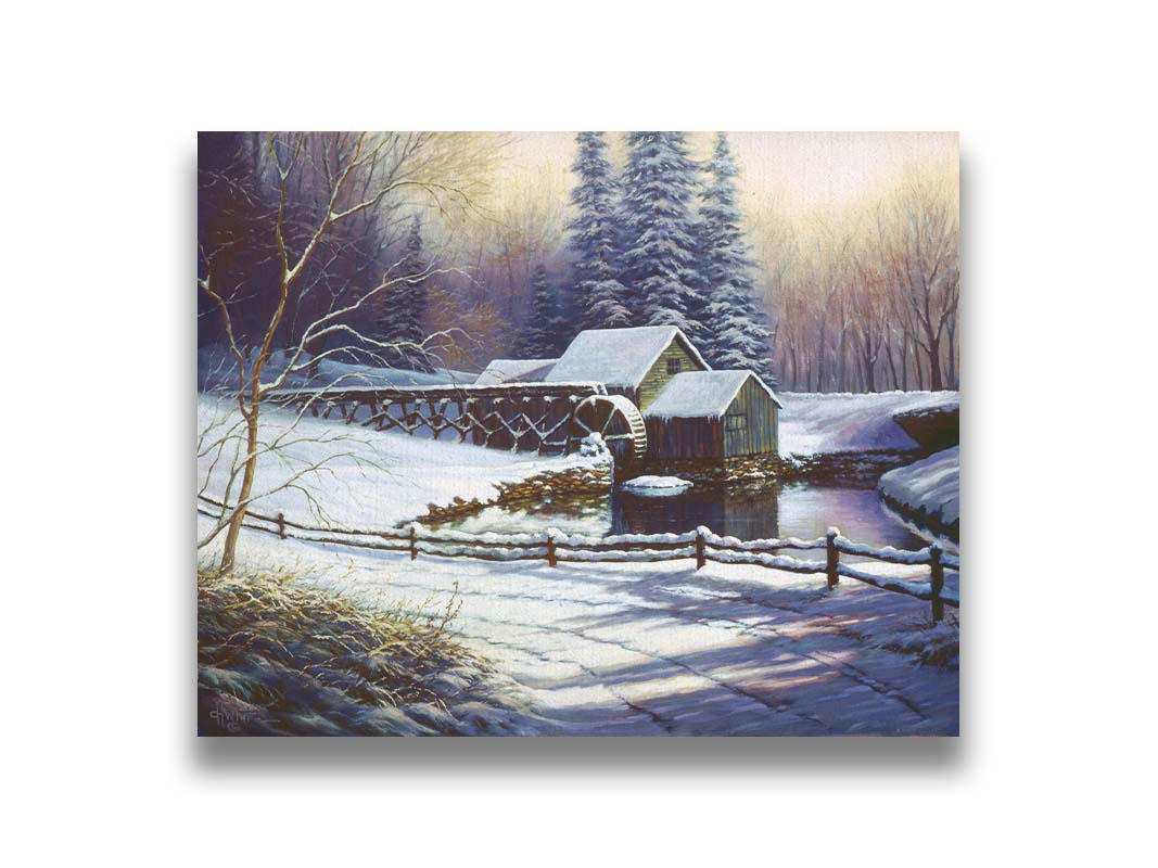 A painting of a snowy landscape centered around an old watermill, built between a country road and a forest. Printed on canvas.