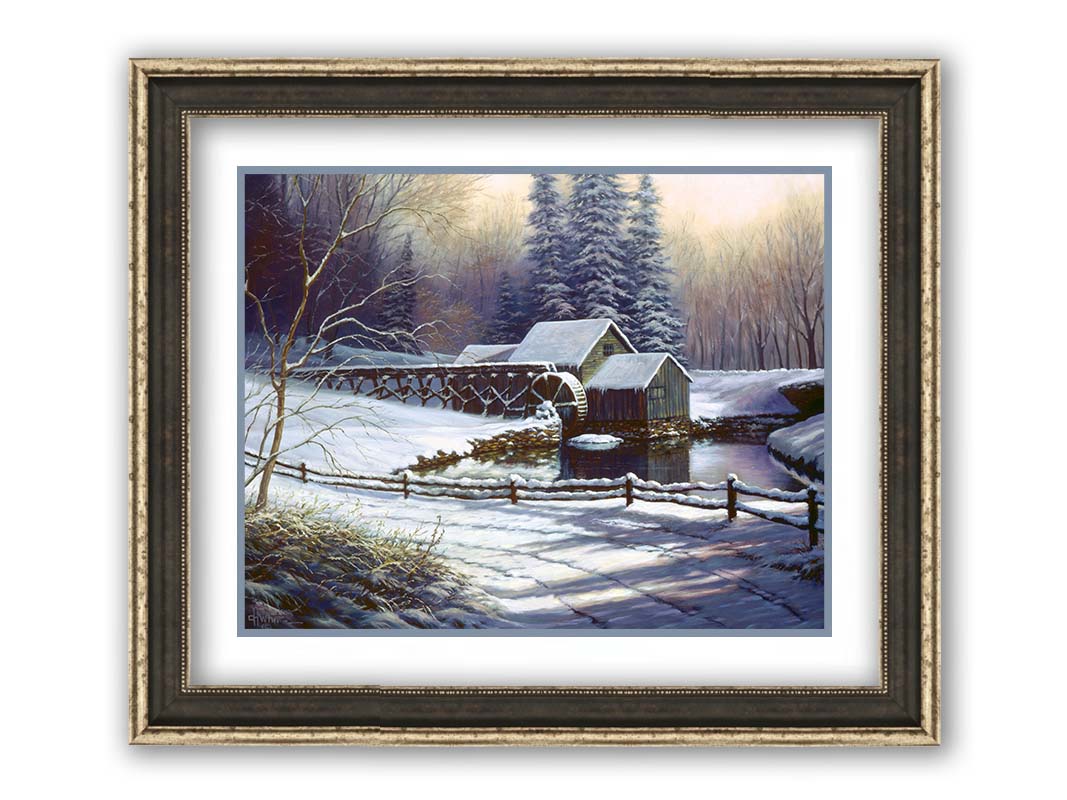 A painting of a snowy landscape centered around an old watermill, built between a country road and a forest. Printed on paper, matted, and framed.