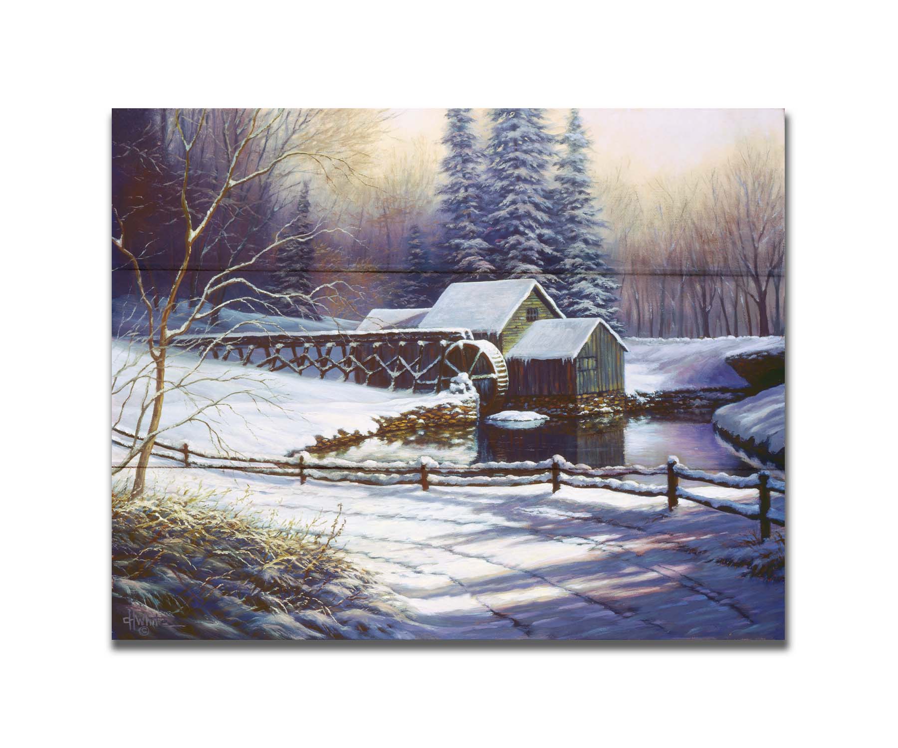 A painting of a snowy landscape centered around an old watermill, built between a country road and a forest. Printed on a box board.