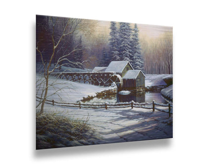 A painting of a snowy landscape centered around an old watermill, built between a country road and a forest. Printed on metal.