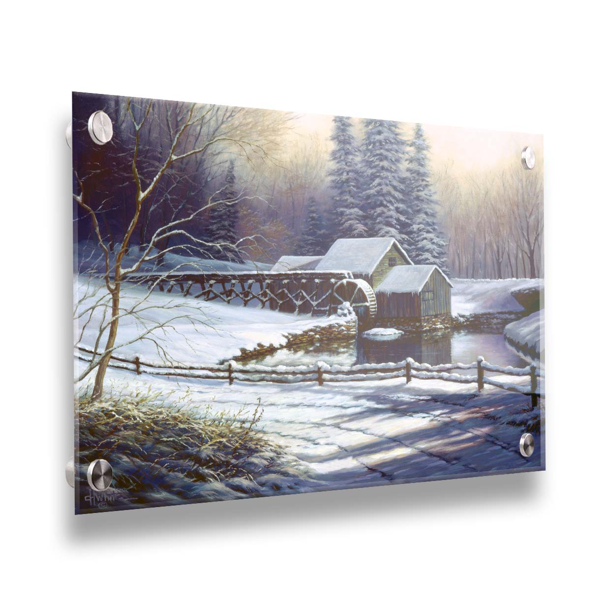 A painting of a snowy landscape centered around an old watermill, built between a country road and a forest. Printed on acrylic.