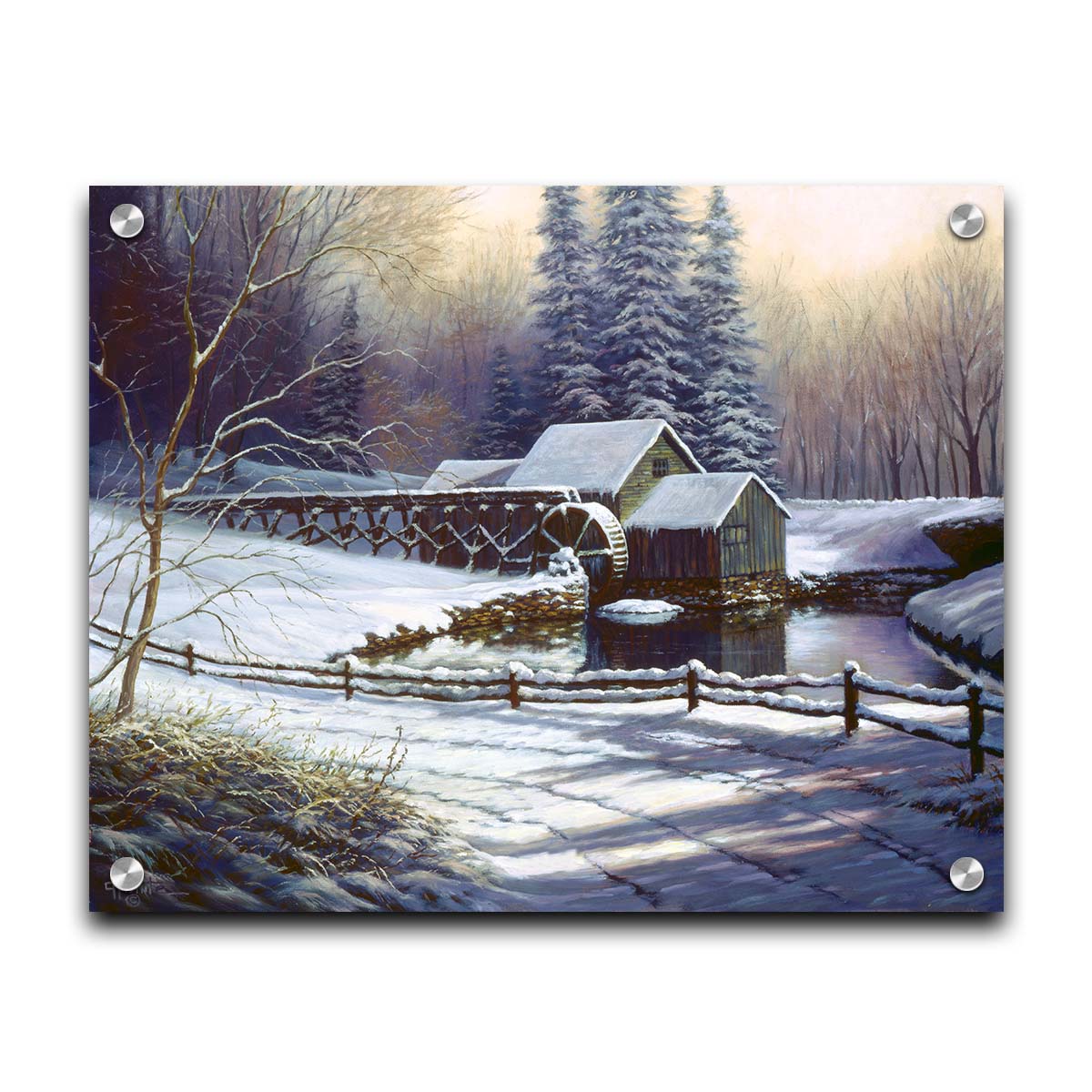 A painting of a snowy landscape centered around an old watermill, built between a country road and a forest. Printed on acrylic.