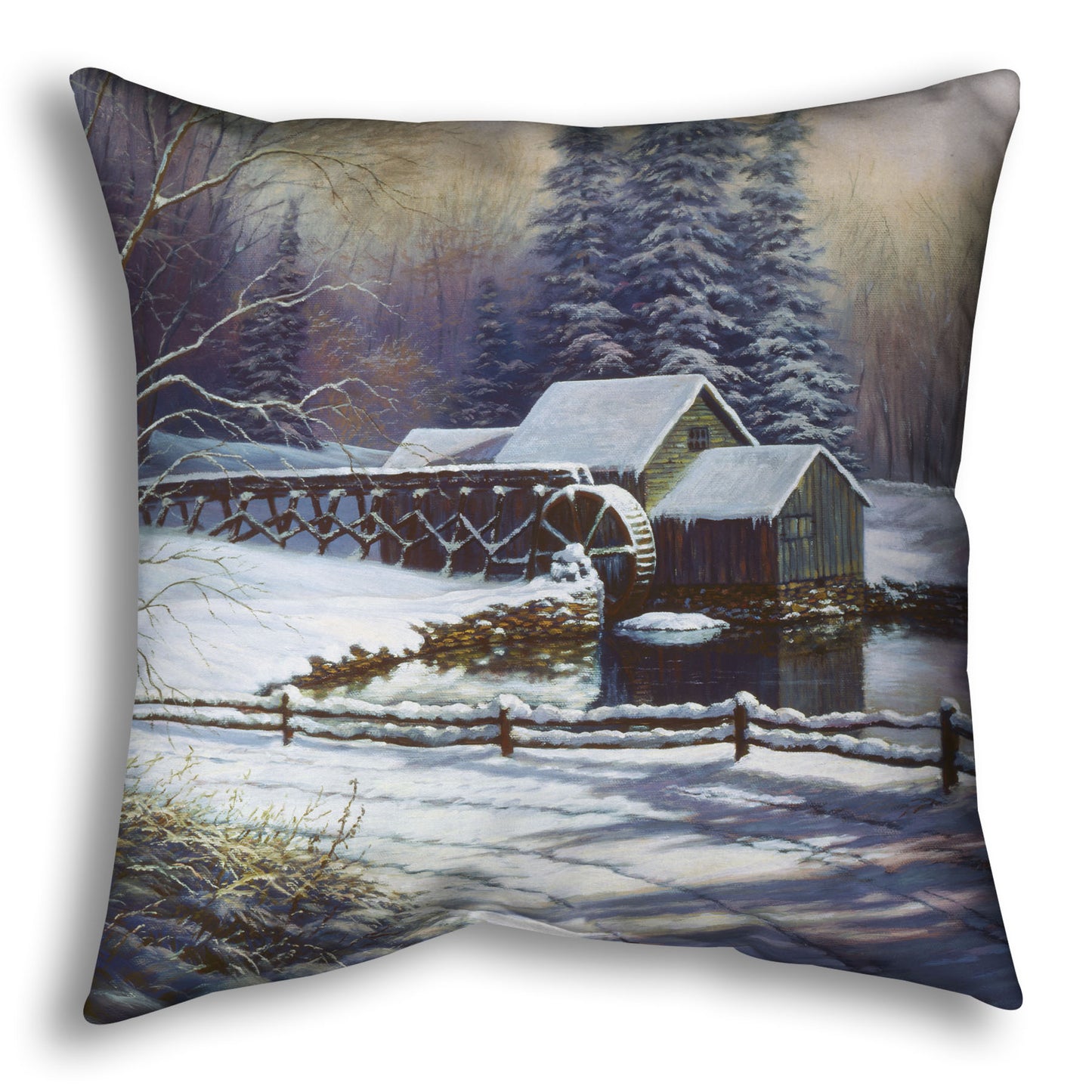 Throw pillow with a winter landscape design featuring a cabin and snowy trees.