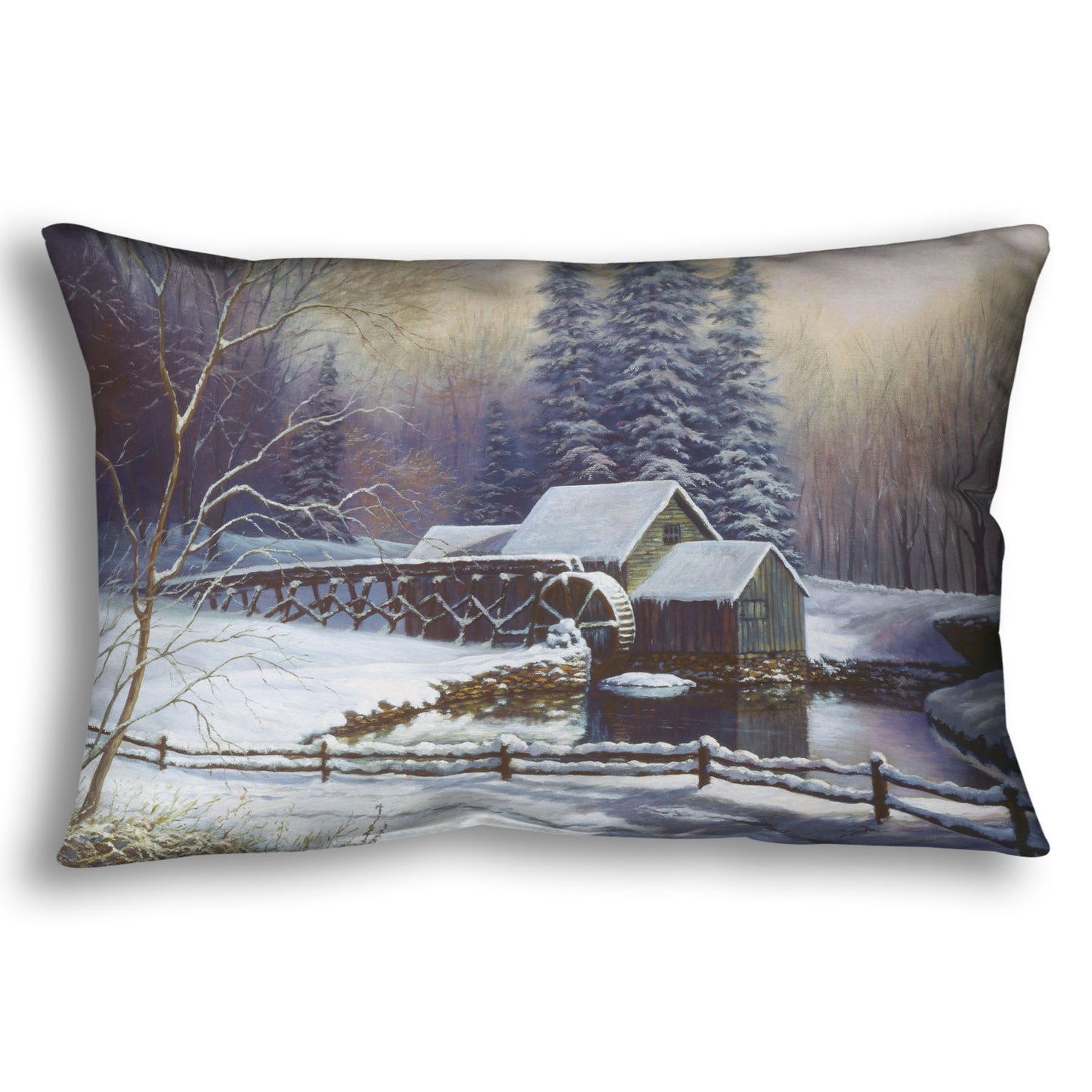 Throw pillow with a winter landscape design featuring a cabin and snowy trees.