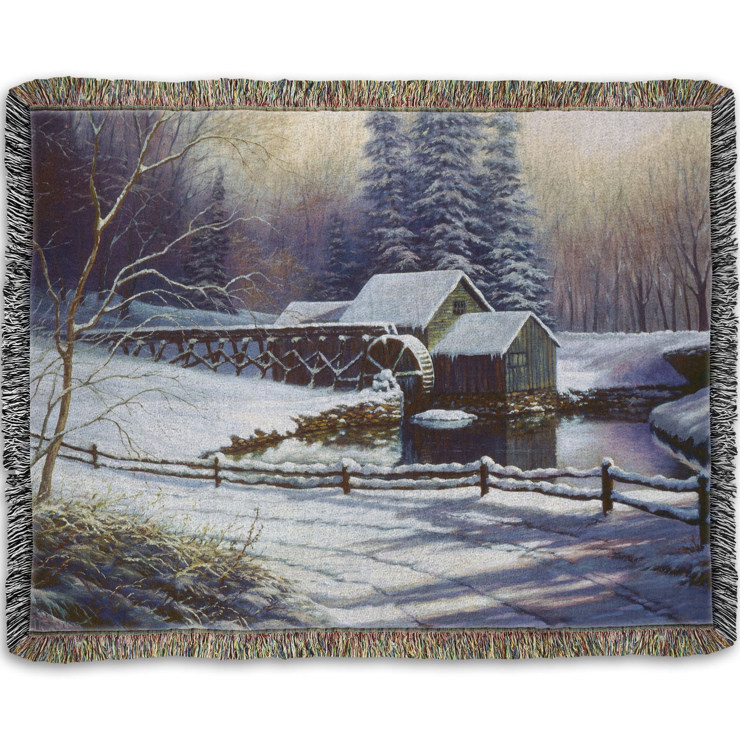 Woven throw blanket with a winter landscape design featuring a cabin and snowy trees.