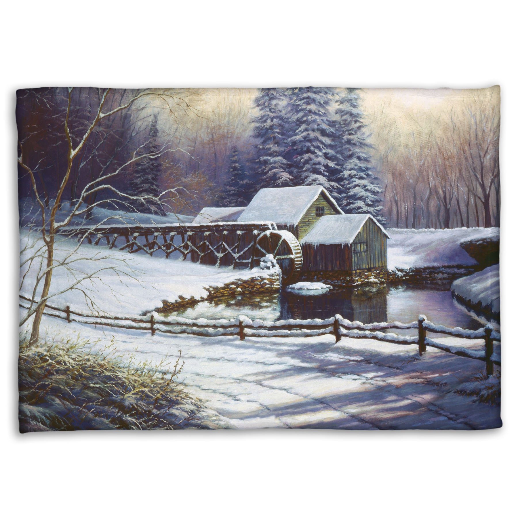 Coral fleece blanket with a winter landscape design featuring a cabin and snowy trees.