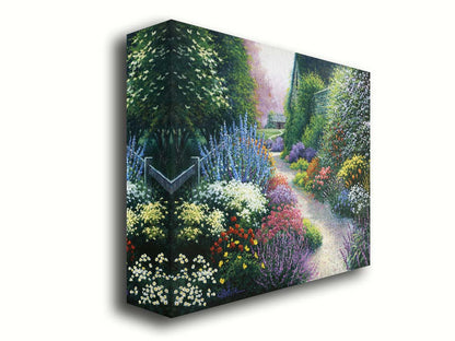 A painting of a gravel path through a garden with dense, colorful growths of flowers. The path and garden borders lead to cozy cottages. Printed on canvas.