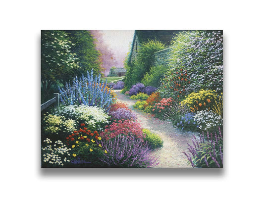 A painting of a gravel path through a garden with dense, colorful growths of flowers. The path and garden borders lead to cozy cottages. Printed on canvas.