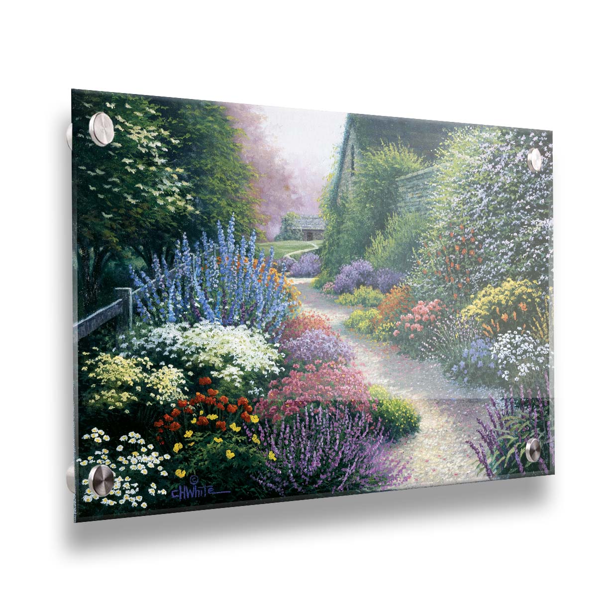 A painting of a gravel path through a garden with dense, colorful growths of flowers. The path and garden borders lead to cozy cottages. Printed on acrylic.