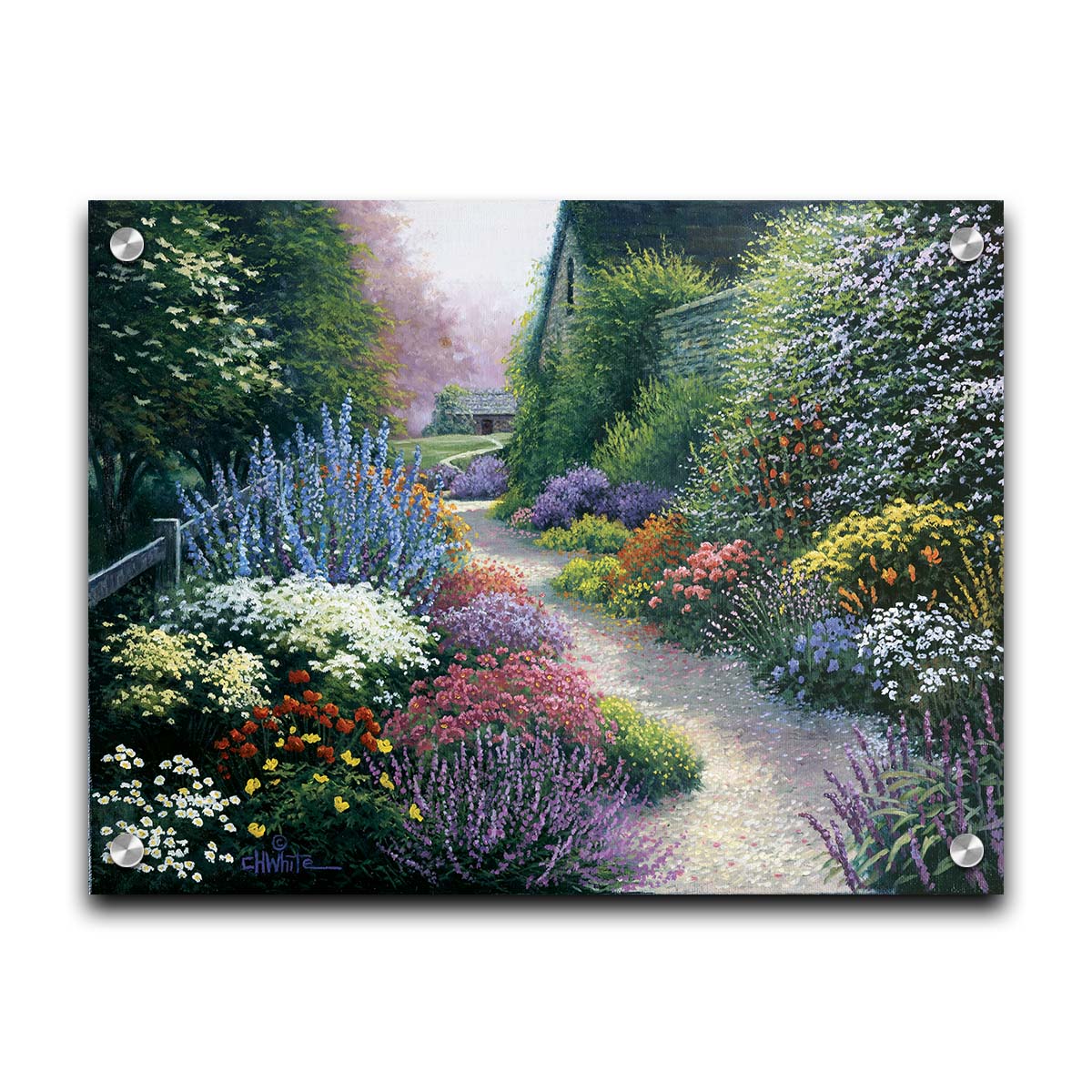 A painting of a gravel path through a garden with dense, colorful growths of flowers. The path and garden borders lead to cozy cottages. Printed on acrylic.