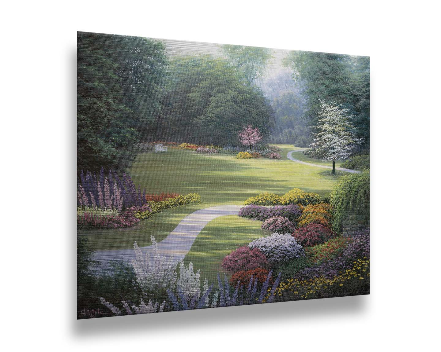 A painting of a sunny park. The open space of the grassy lawn is bordered by an abundance of colorful flowers and surrounding by trees. Printed on metal.