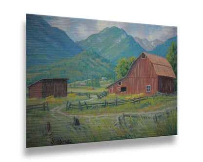 A painting of a red barn and shed surrounded by green pastures. Forested mountains stand tall in the background. Printed on metal.