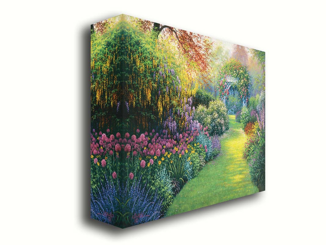 A painting of a flourishing garden with a variety of flowering plants, bordering a grass path that leads to a stunning gazebo covered in fragrant rose plants. Printed on canvas.