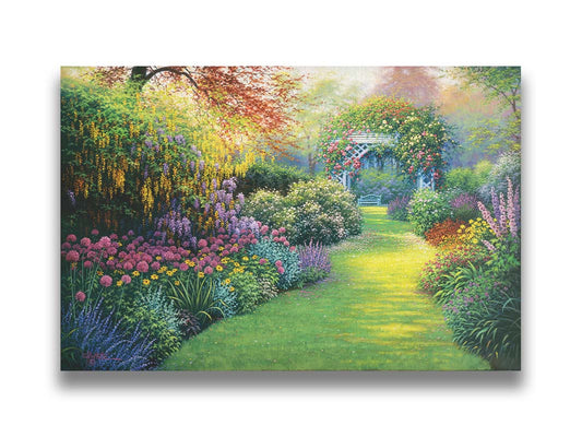 A painting of a flourishing garden with a variety of flowering plants, bordering a grass path that leads to a stunning gazebo covered in fragrant rose plants. Printed on canvas.