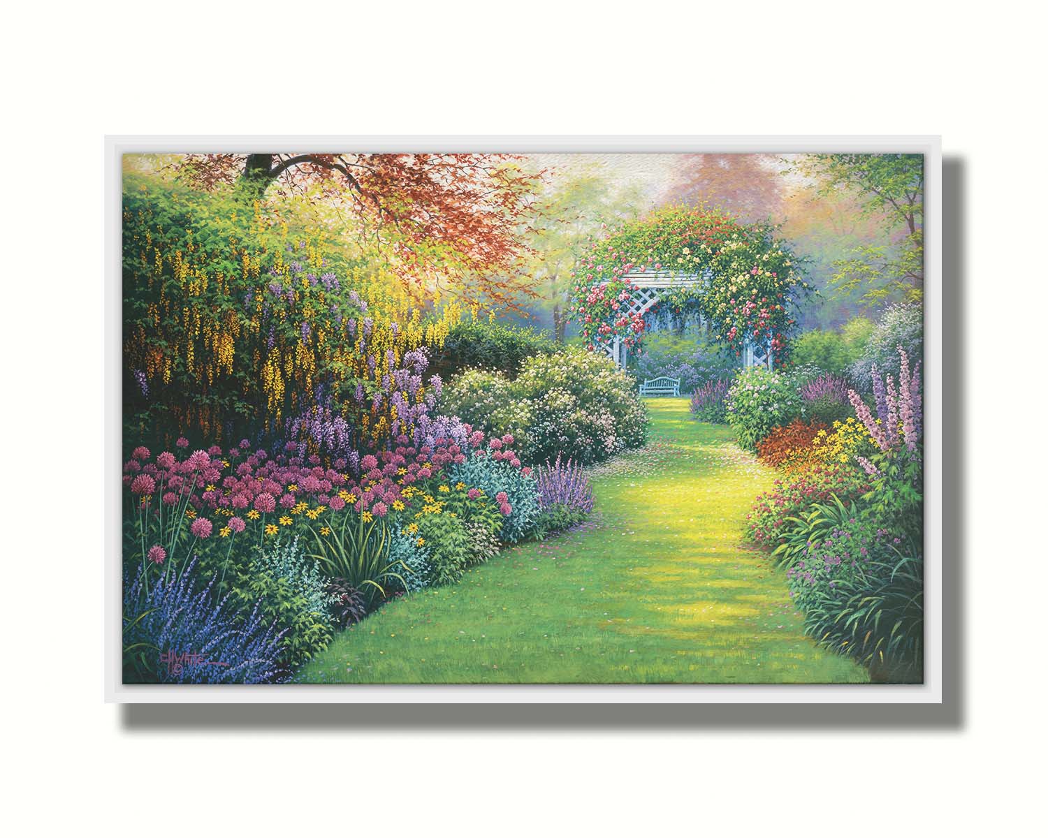 A painting of a flourishing garden with a variety of flowering plants, bordering a grass path that leads to a stunning gazebo covered in fragrant rose plants. Printed on canvas in a float frame.