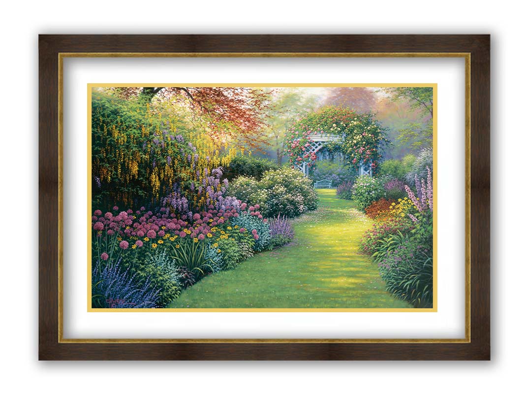 A painting of a flourishing garden with a variety of flowering plants, bordering a grass path that leads to a stunning gazebo covered in fragrant rose plants. Printed on paper, matted, and framed.