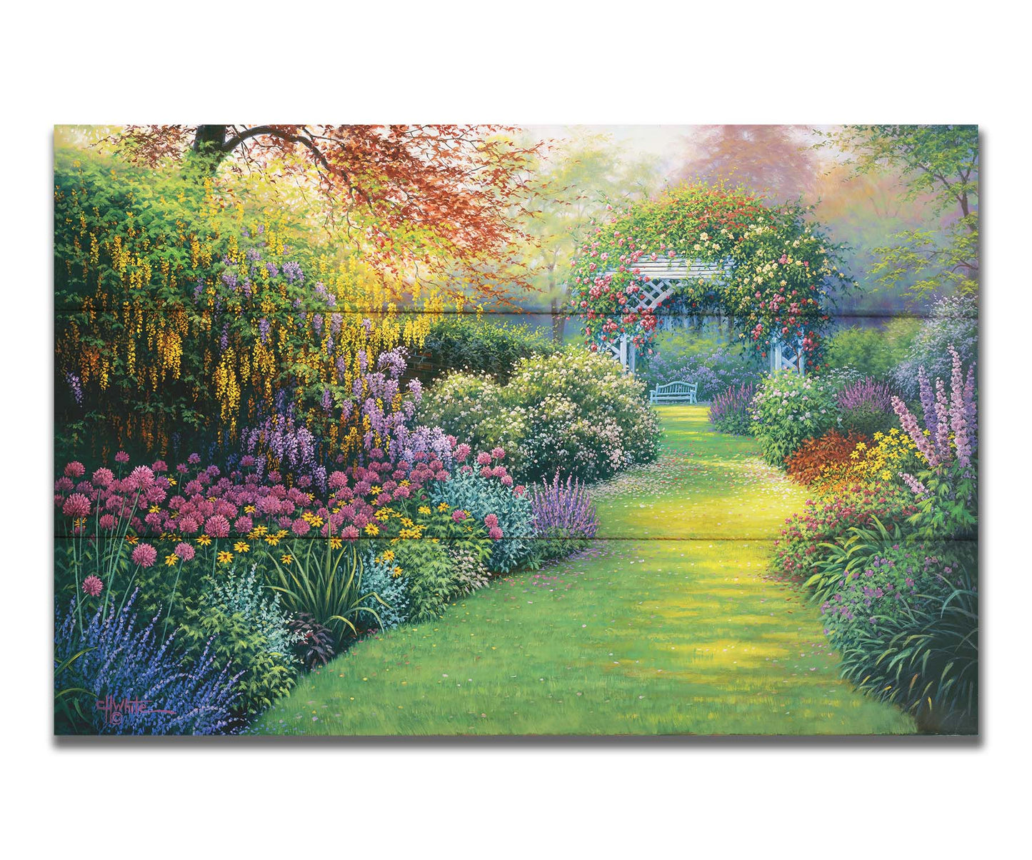 A painting of a flourishing garden with a variety of flowering plants, bordering a grass path that leads to a stunning gazebo covered in fragrant rose plants. Printed on a box board.