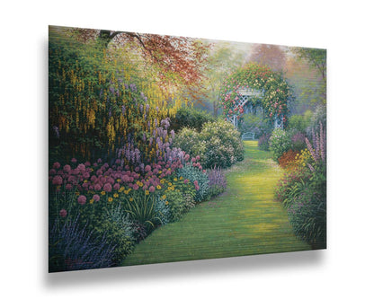 A painting of a flourishing garden with a variety of flowering plants, bordering a grass path that leads to a stunning gazebo covered in fragrant rose plants. Printed on metal.