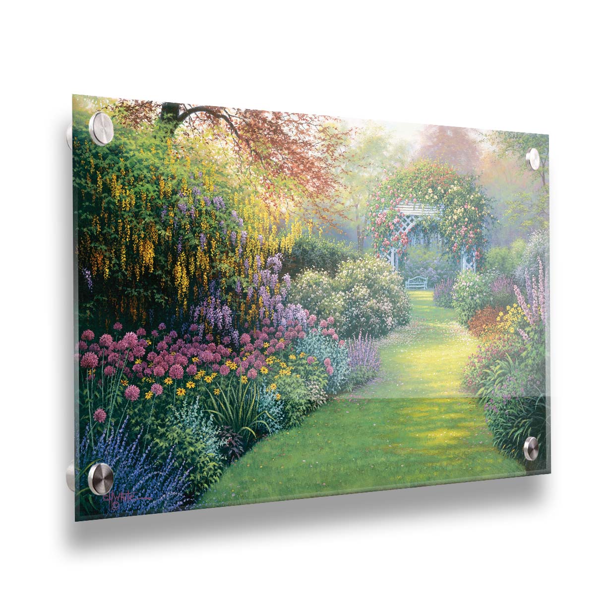 A painting of a flourishing garden with a variety of flowering plants, bordering a grass path that leads to a stunning gazebo covered in fragrant rose plants. Printed on acrylic.