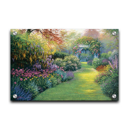 A painting of a flourishing garden with a variety of flowering plants, bordering a grass path that leads to a stunning gazebo covered in fragrant rose plants. Printed on acrylic.