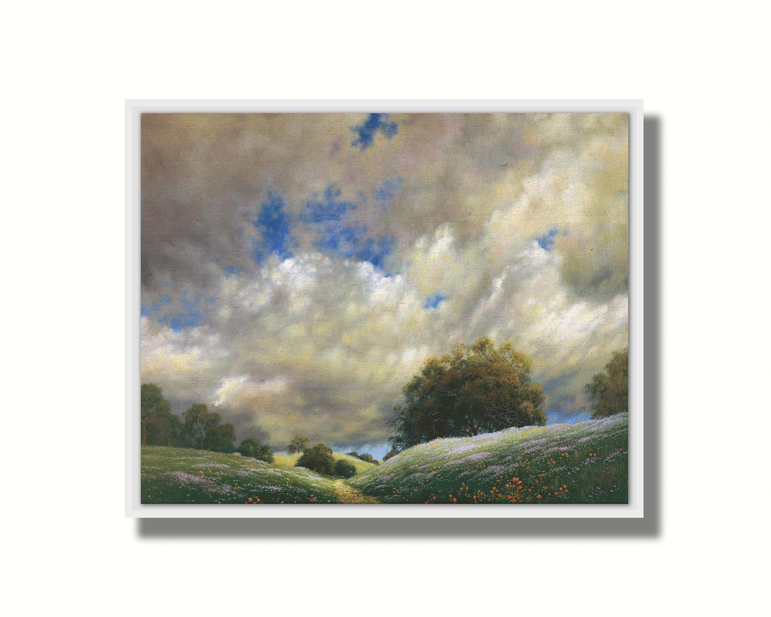 A painting of the sky over gentle hills covered in flowery meadows. Huge clouds fill the sky over the scene. Printed on canvas in a float frame.