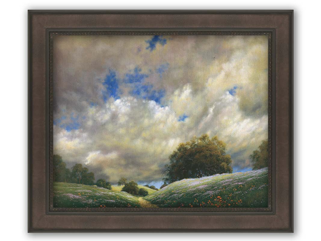 A painting of the sky over gentle hills covered in flowery meadows. Huge clouds fill the sky over the scene. Printed on canvas and framed.