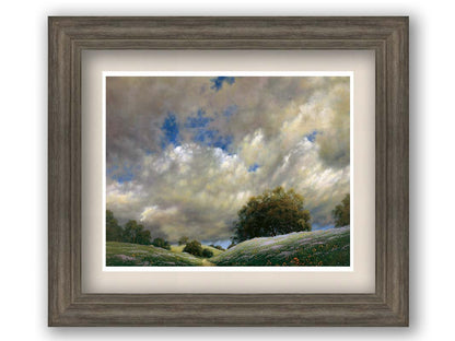 A painting of the sky over gentle hills covered in flowery meadows. Huge clouds fill the sky over the scene. Printed on paper, matted, and framed.