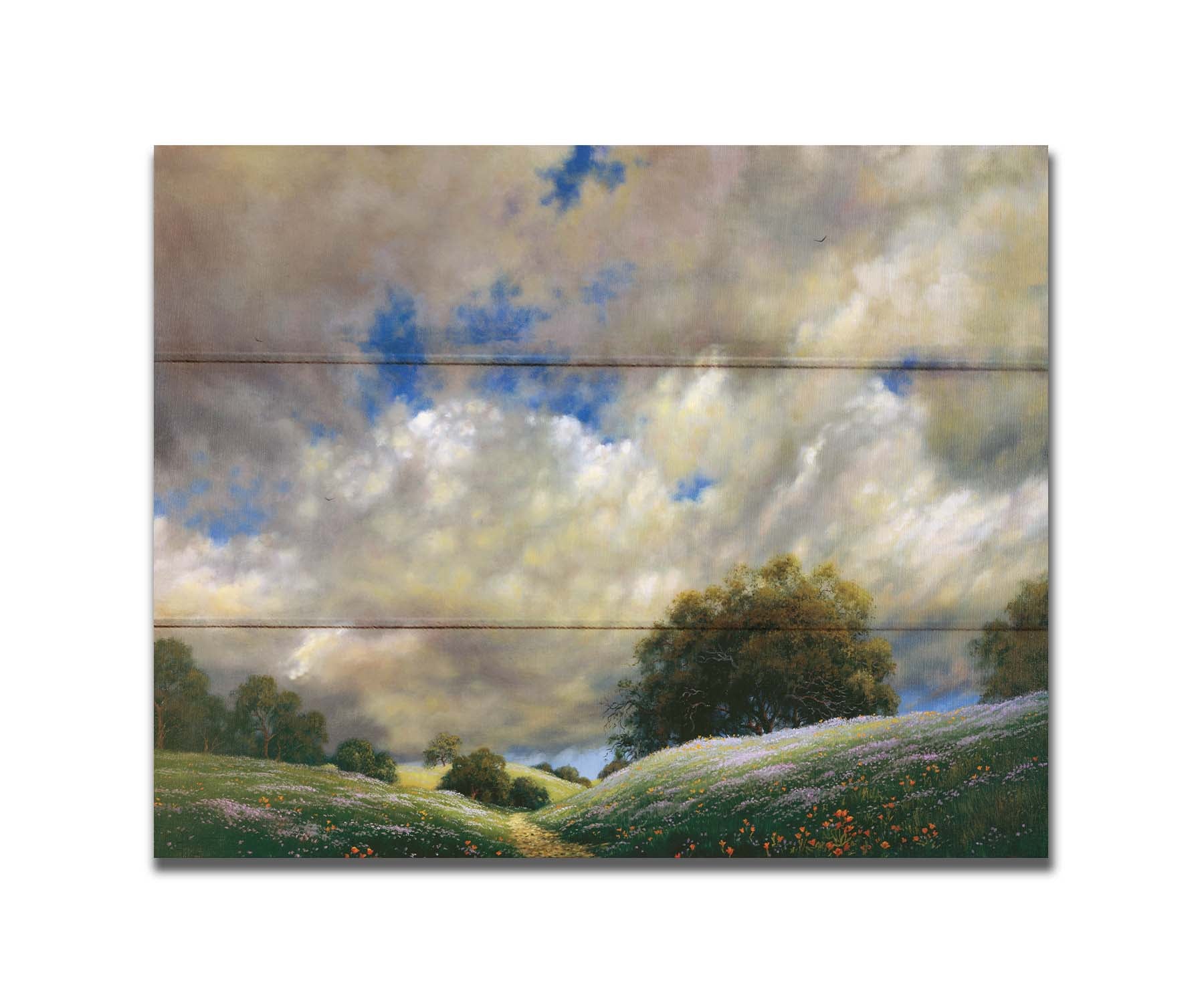 A painting of the sky over gentle hills covered in flowery meadows. Huge clouds fill the sky over the scene. Printed on a box board.