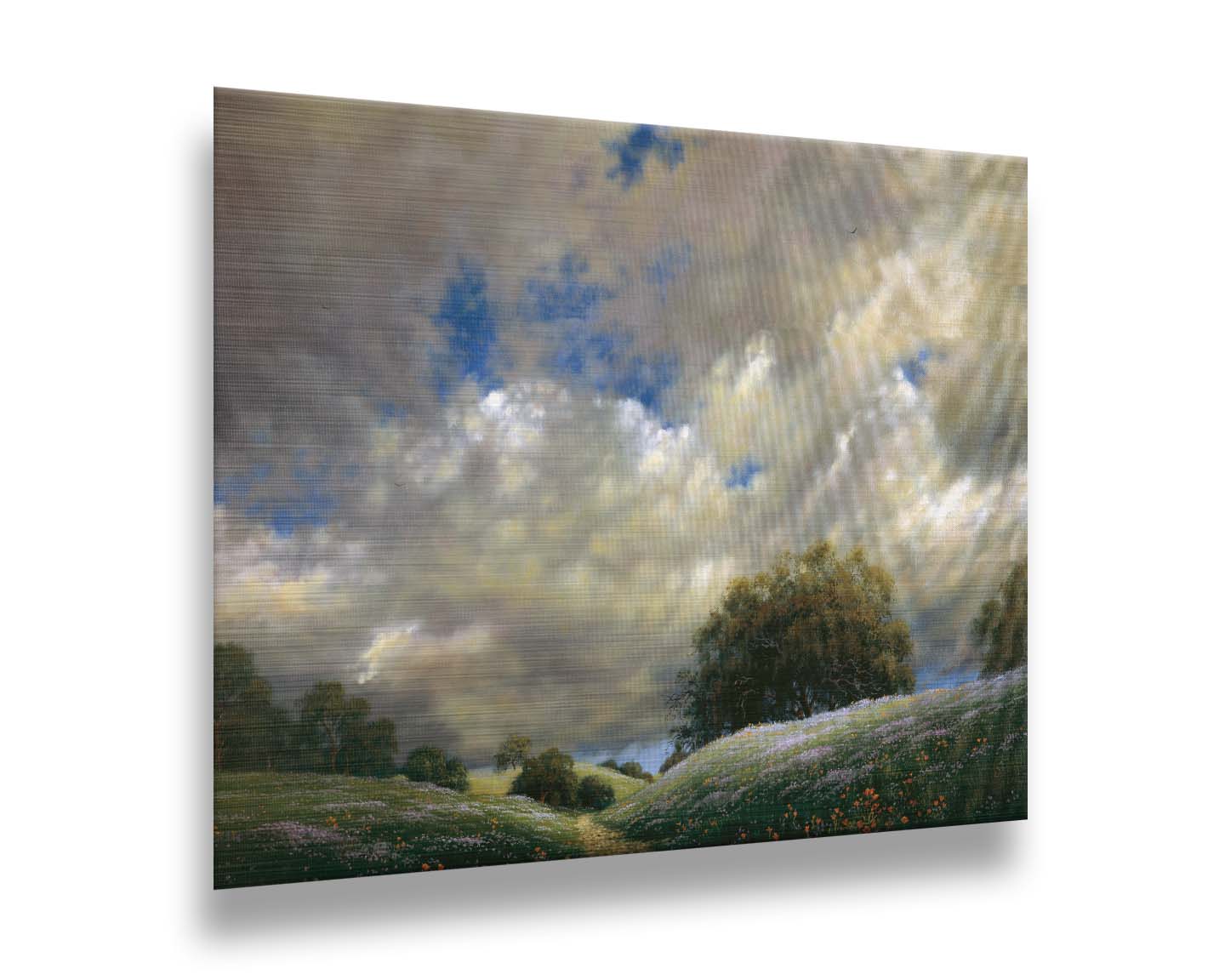 A painting of the sky over gentle hills covered in flowery meadows. Huge clouds fill the sky over the scene. Printed on metal.