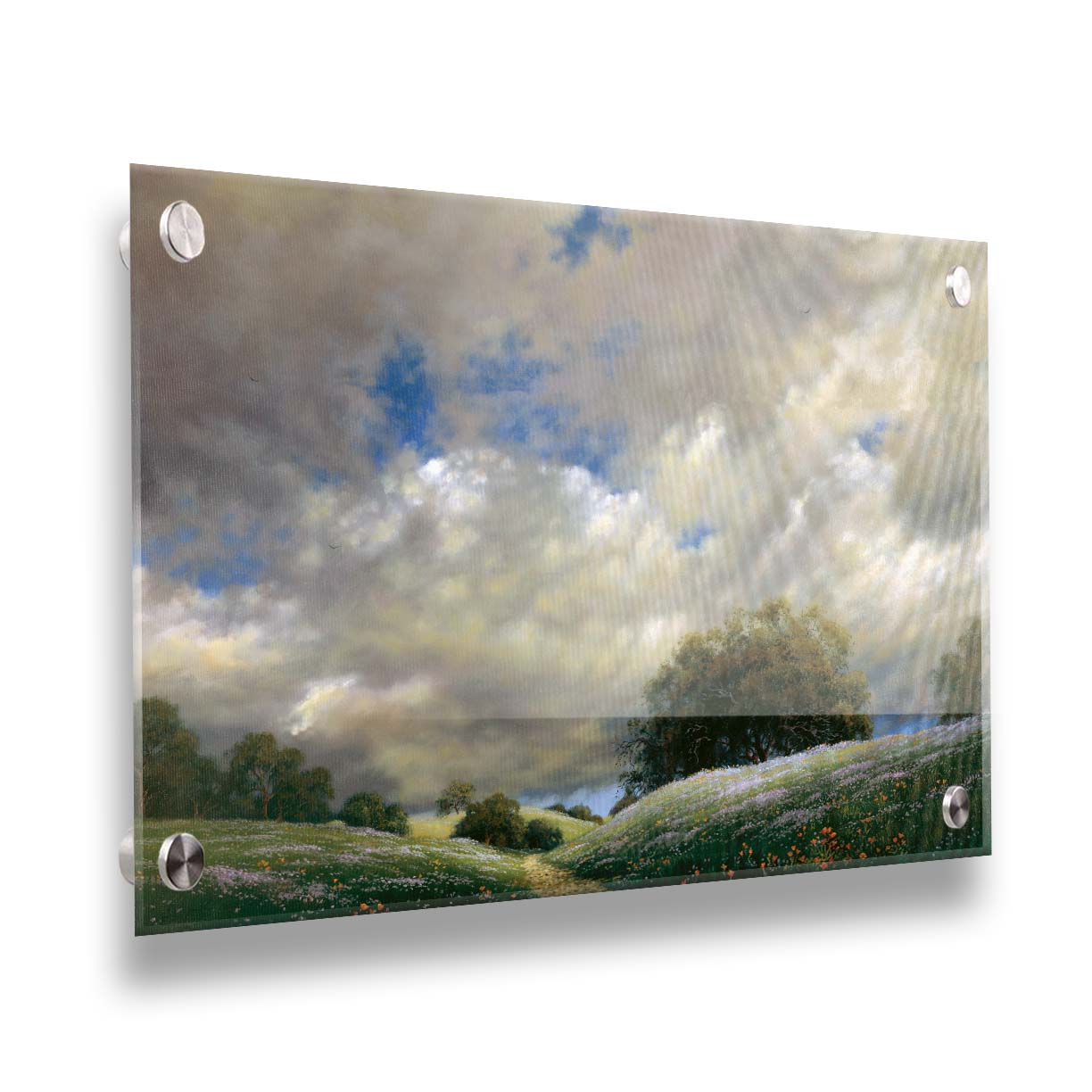 A painting of the sky over gentle hills covered in flowery meadows. Huge clouds fill the sky over the scene. Printed on acrylic.