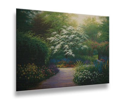 A painting of a brick wall surrounding a flower garden in a full spectrum of colors. A tree blossoming white stands central in contrast to the colorful scene. Printed on metal.