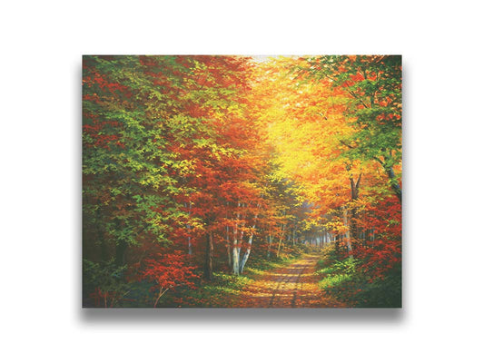 A painting of a leaf-strewn road through a forest, with light filtering through the branches to highlight the golden hues of fall. Printed on canvas.