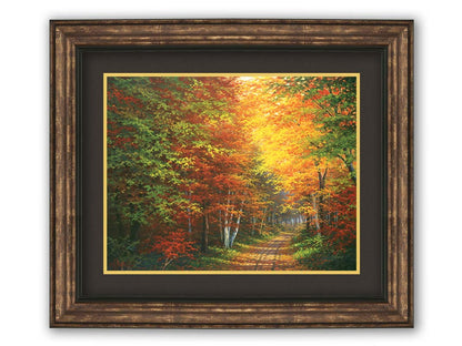 A painting of a leaf-strewn road through a forest, with light filtering through the branches to highlight the golden hues of fall. Printed on paper, matted, and framed.