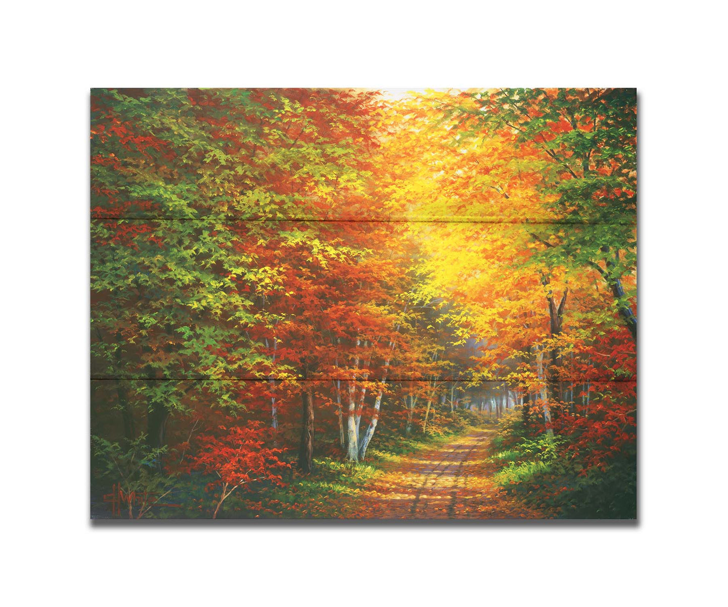 A painting of a leaf-strewn road through a forest, with light filtering through the branches to highlight the golden hues of fall. Printed on a box board.