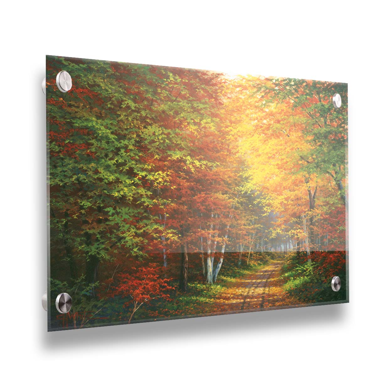 A painting of a leaf-strewn road through a forest, with light filtering through the branches to highlight the golden hues of fall. Printed on acrylic.