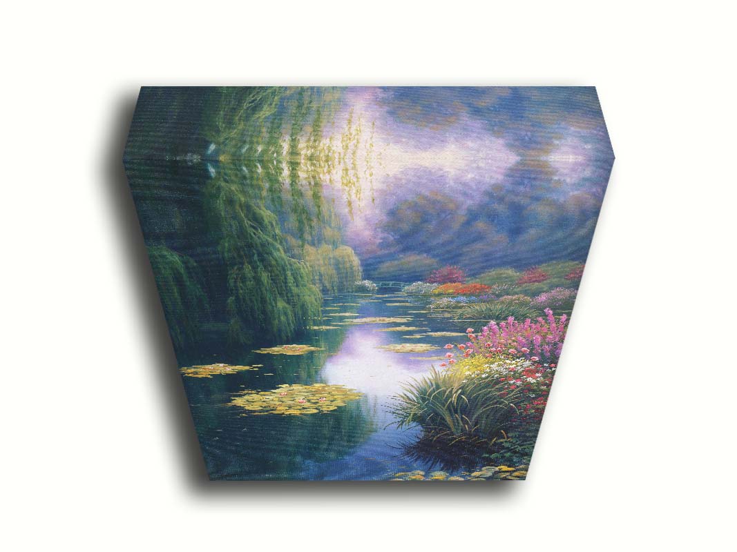 A painting of Claude Monet's garden pond in Giverny, France. Lily pads grow from the pond, and it is surrounded by willow trees and flower bushes. The famous green bridges often features in Monet's work can be seen across the pond. Printed on canvas.